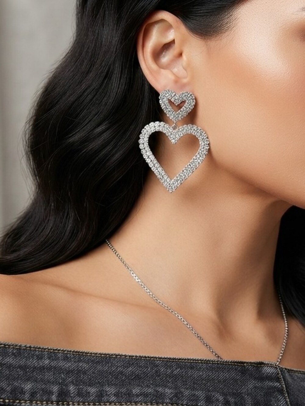 Silver Heart Rhinestone Earrings Double Heart Dangle Earrings